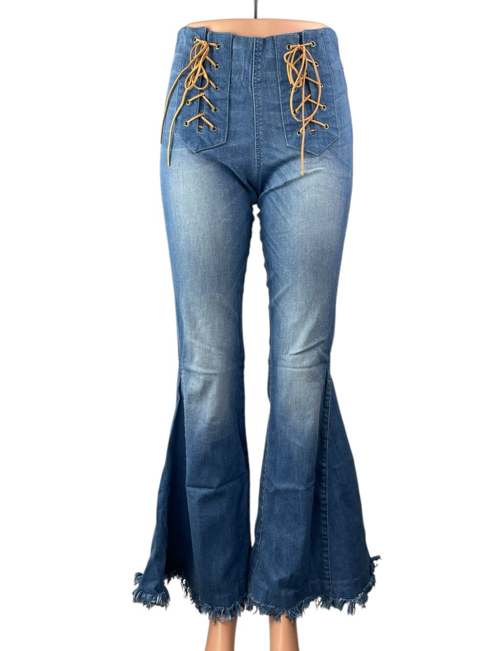 Judith March Women's Blue Lace Up High Rise Flare Bell Bottom Denim Jeans Size S